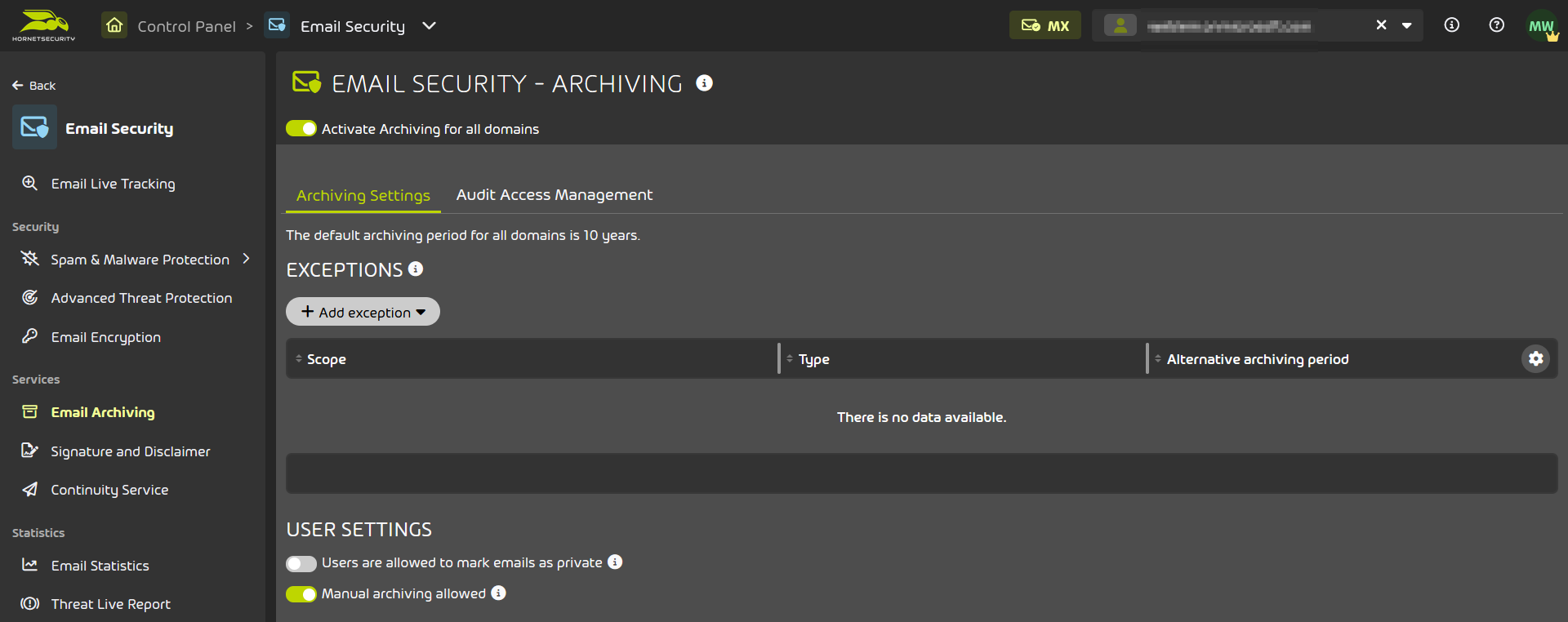 Vista prodotto ufficiale Hornetsecurity delle impostazioni di archiviazione e dell'audit access management