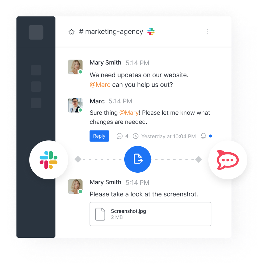 Finestra di chat di Rocket.Chat con trasferimento file e strumenti di comunicazione collegati