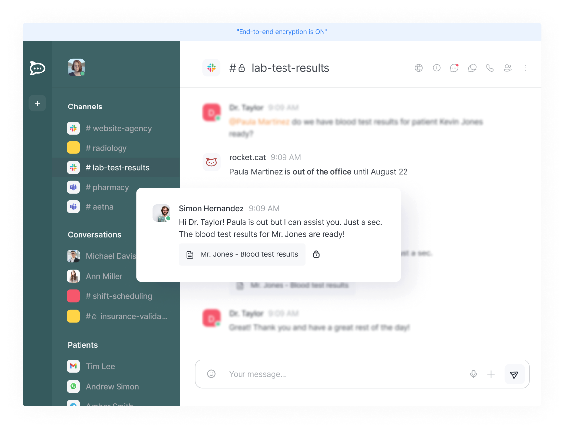 Panoramica di Rocket.Chat con canali e una conversazione cifrata